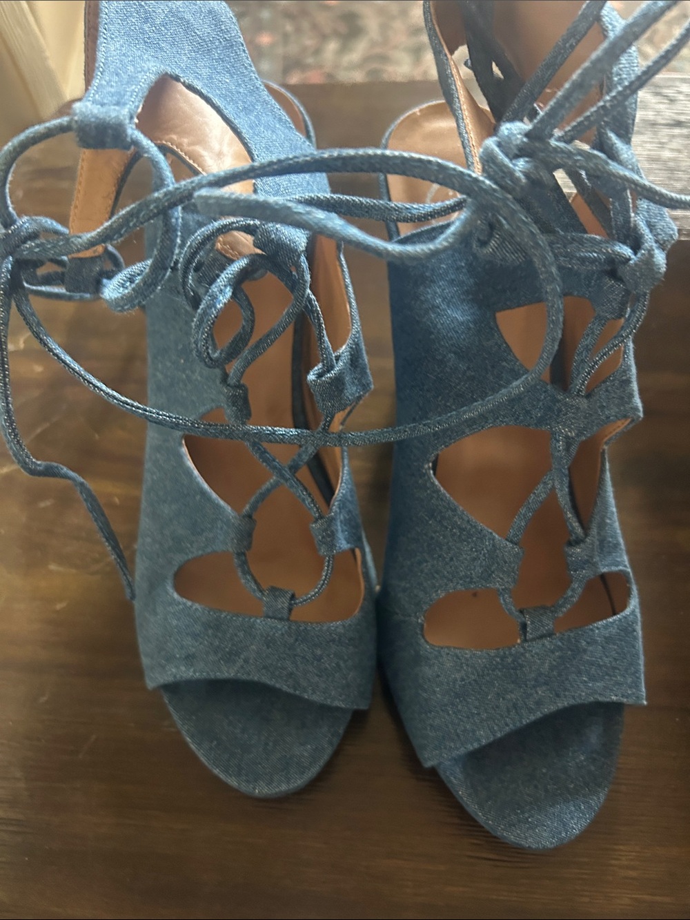 Denim-Blue Lace Cutout Tie-Heel Sandals
